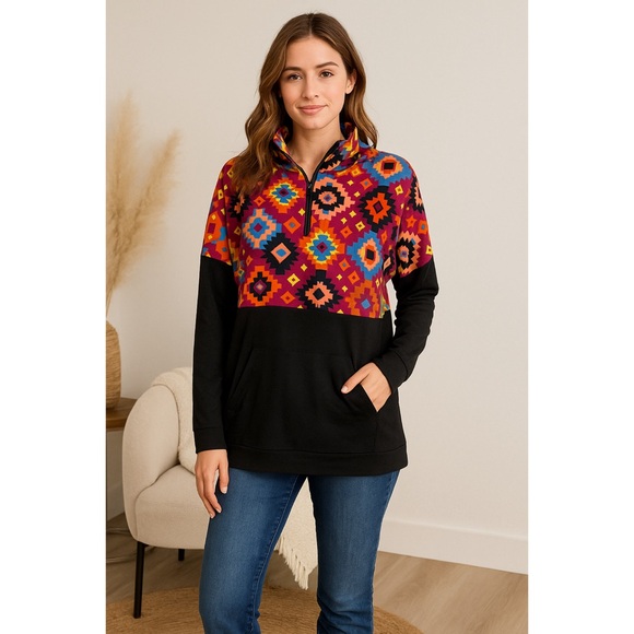 🎲 359. Boho Aztec Print 1/4 Zip Pullover Hoodie Black Multicolor XXL NWOT - Picture 1 of 9